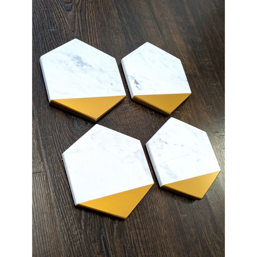 White Marble and Gold Hexagon Coasters Set of 4 Modern Geometric Stone Drinkware